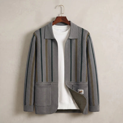 Open Front Cardigan in grey, a vertically striped knit cardigan with a turn down collar and two patch pockets on a wooden hanger