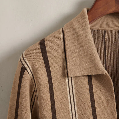 Close up of the flat turn down knit collar and vertical stripes on the khaki Open Front Cardigan
