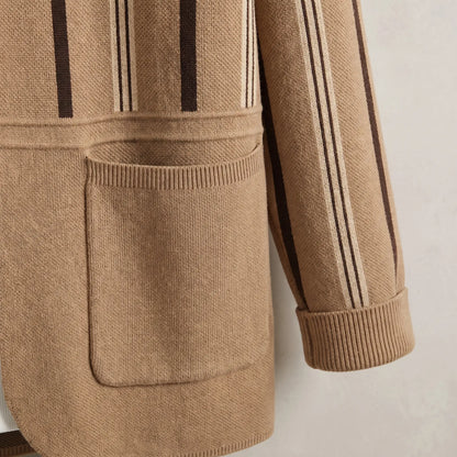 Close up of the front patch pocket and folded ribbed cuff on the khaki Open Front Cardigan