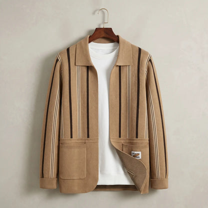 Open Front Cardigan in khaki, a vertically striped knit cardigan with a turn down collar and two patch pockets on a wooden hanger