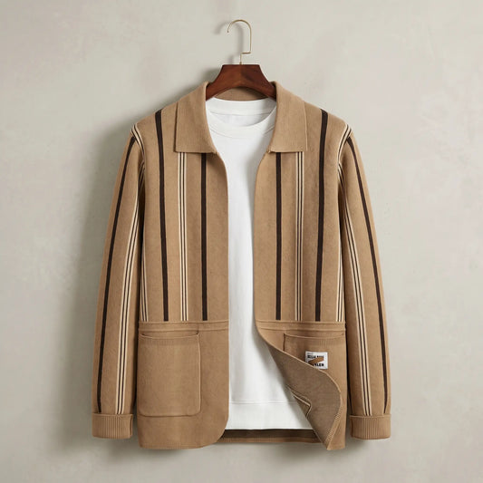 Open Front Cardigan in khaki, a vertically striped knit cardigan with a turn down collar and two patch pockets on a wooden hanger