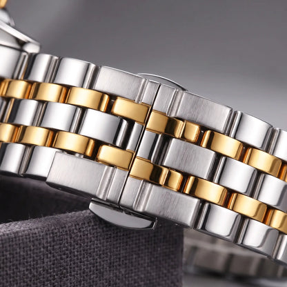 Close up of the two tone steel band links and folding clasp on the Open Heart Watch