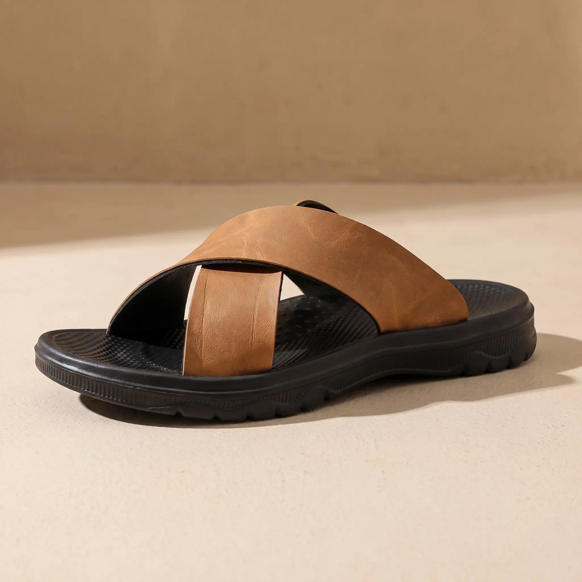 Camel men's cross-strap slide sandal on sandy floor