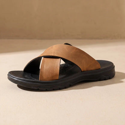Camel men's cross-strap slide sandal on sandy floor