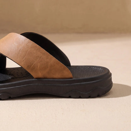 Cross-strap slide heel and sole detail