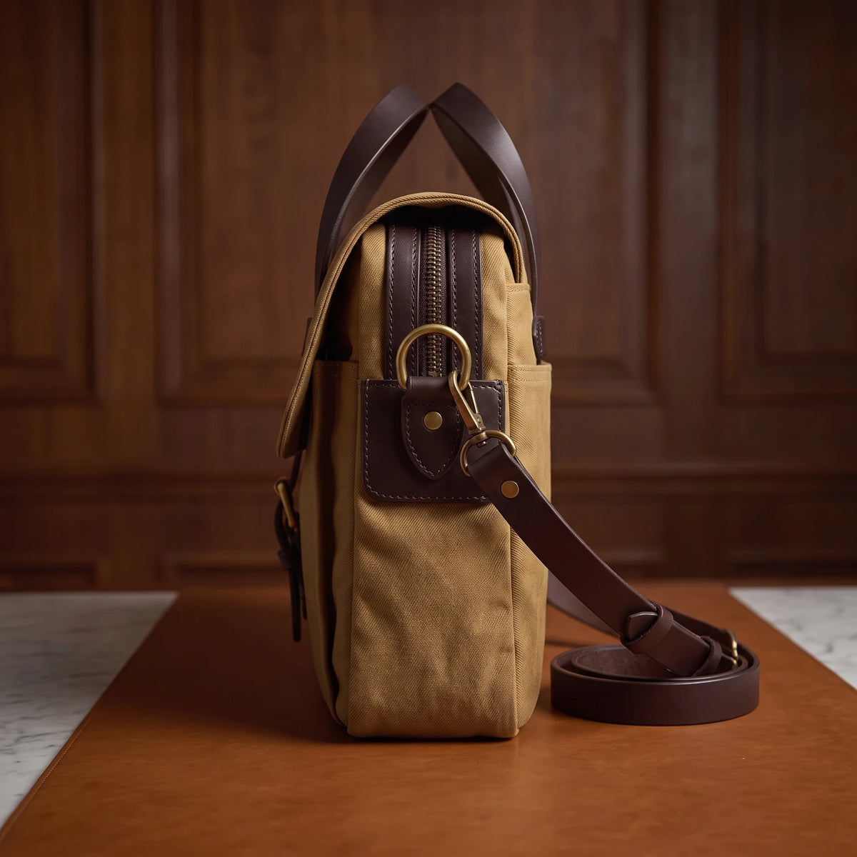 Padded laptop briefcase side profile showing depth and strap