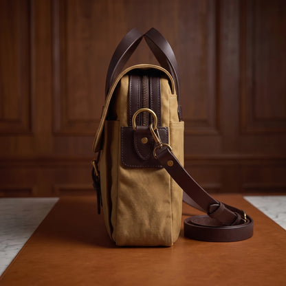 Padded laptop briefcase side profile showing depth and strap
