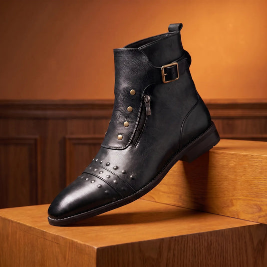 Pointed Brogue Boots in black, a studded pointed ankle boot with a buckle strap