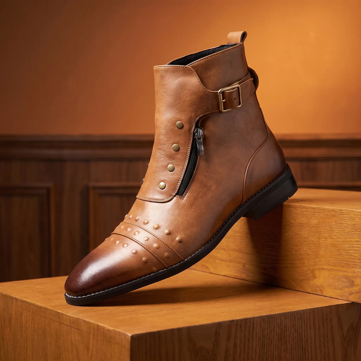 Pointed Brogue Boots in brown, a studded pointed ankle boot with a buckle strap