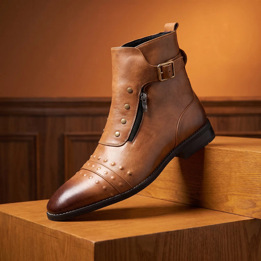 Pointed Brogue Boots in brown, a studded pointed ankle boot with a buckle strap