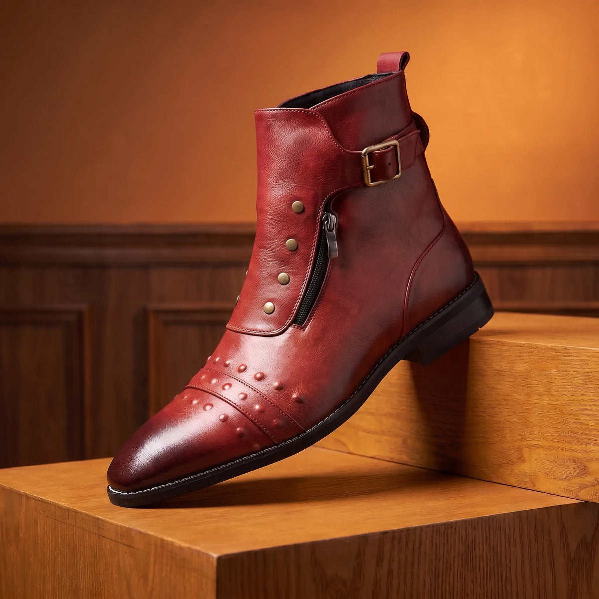 Pointed Brogue Boots in red, a studded pointed ankle boot with a buckle strap