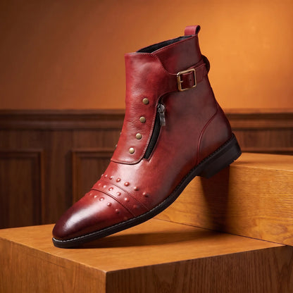 Pointed Brogue Boots in red, a studded pointed ankle boot with a buckle strap
