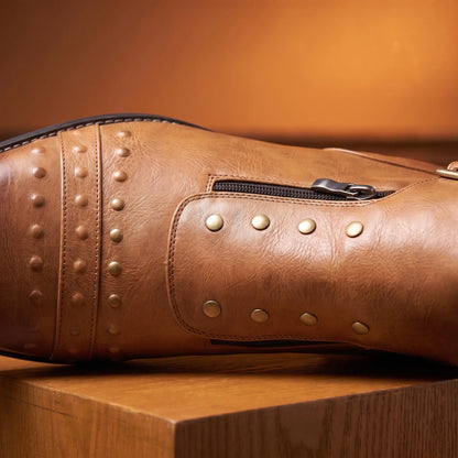 Close up of the metal stud rows and vamp zip on the Pointed Brogue Boots
