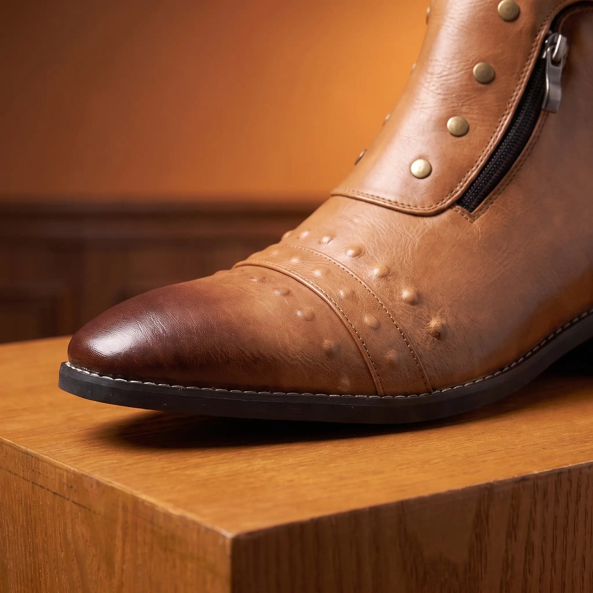 Close up of the pointed toe, punched brogue detail and stitched welt on the Pointed Brogue Boots