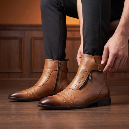Man wearing the Pointed Brogue Boots, fastening the ankle buckle strap