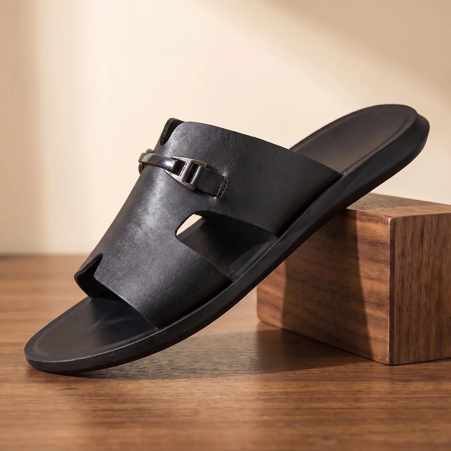 Black men's slip-on buckle slide on walnut block