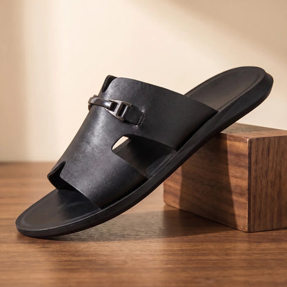 Black men's slip-on buckle slide on walnut block