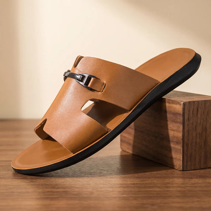 Brown men's slip-on buckle slide on walnut block