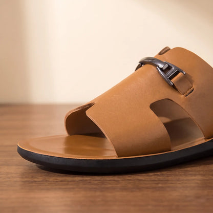 Slide front strap and metal buckle detail