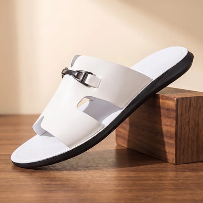 White men's slip-on buckle slide on walnut block