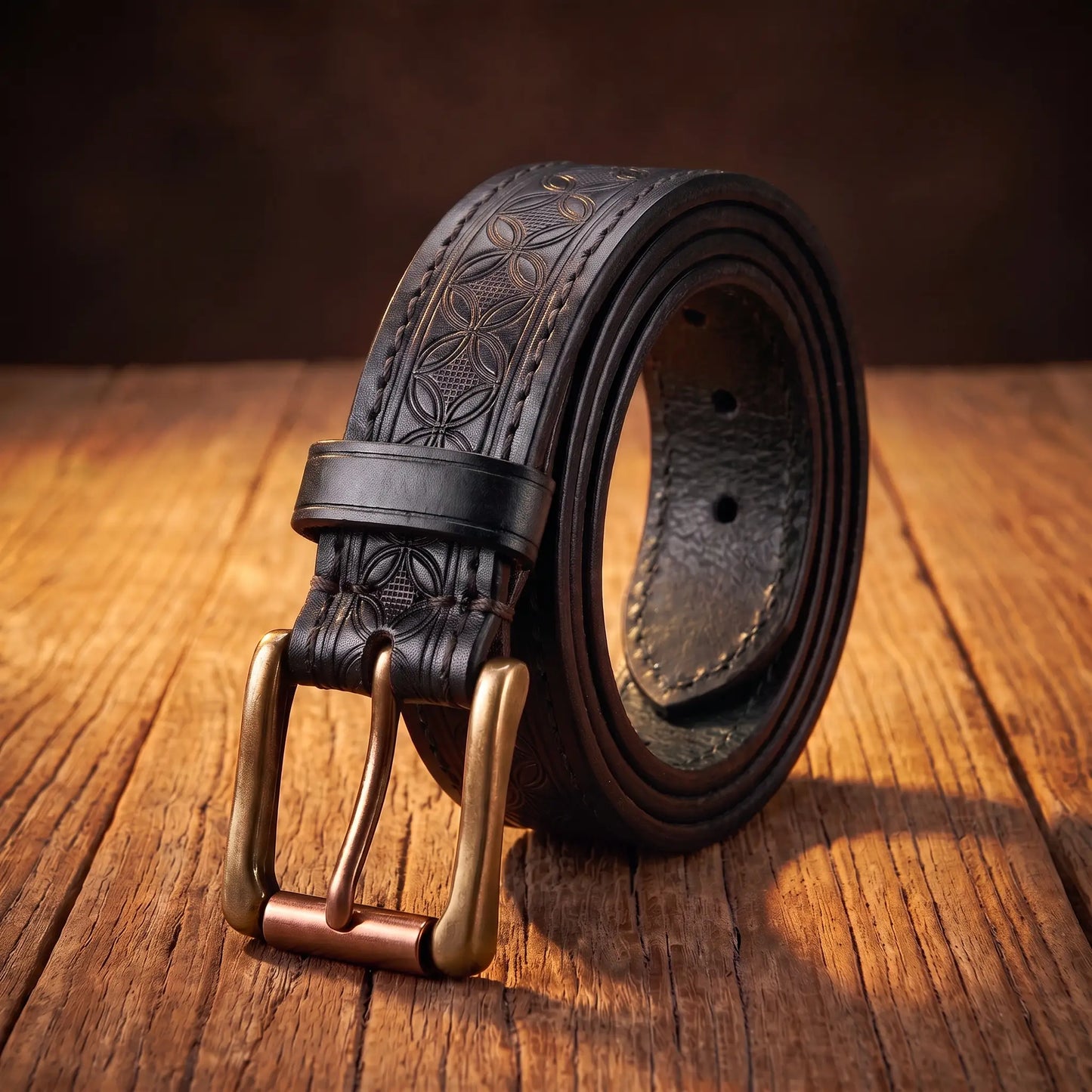 Pressed Pattern Belt in black cowhide with embossed diamond pattern and antique brass prong buckle