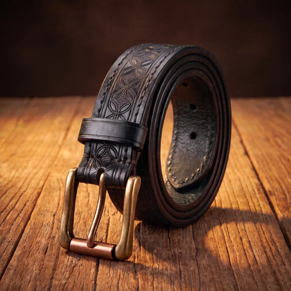 Pressed Pattern Belt in black cowhide with embossed diamond pattern and antique brass prong buckle