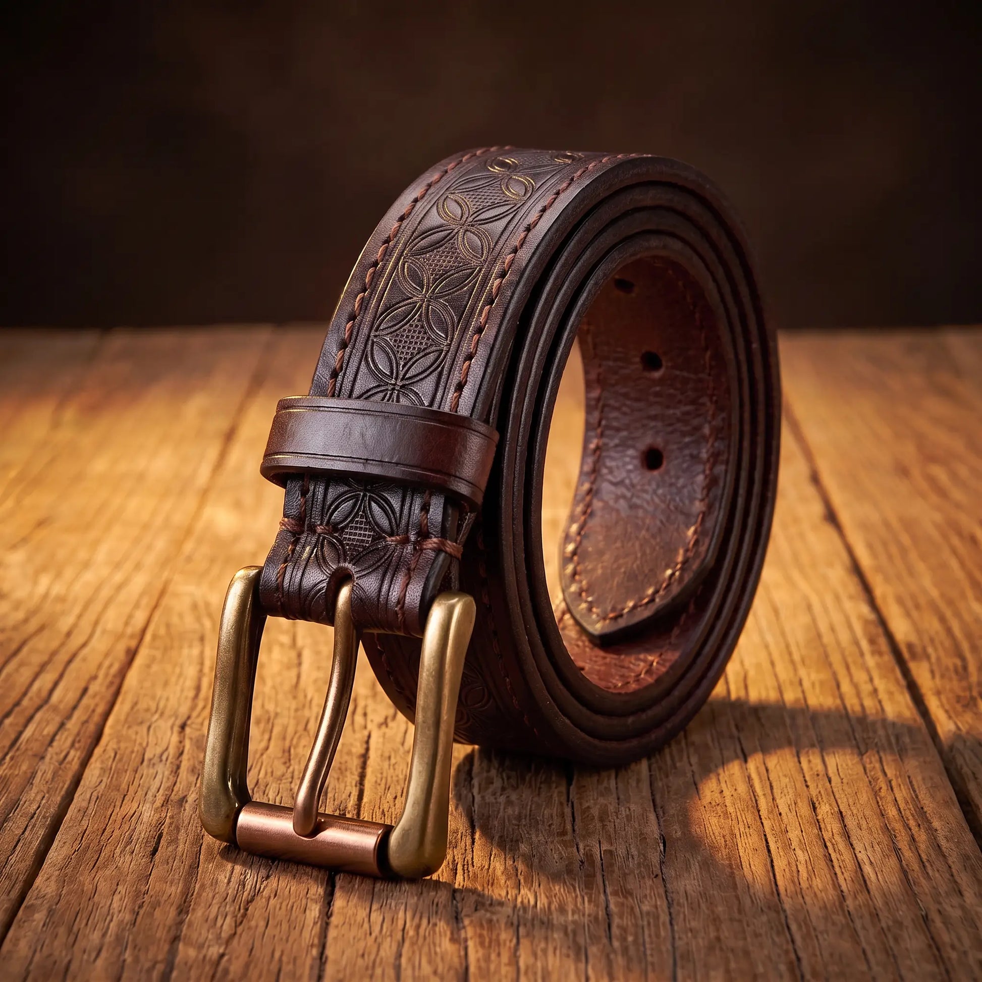 Pressed Pattern Belt in dark coffee cowhide with embossed diamond pattern and antique brass prong buckle
