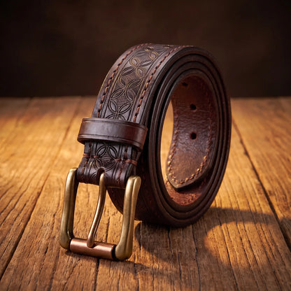 Pressed Pattern Belt in dark coffee cowhide with embossed diamond pattern and antique brass prong buckle