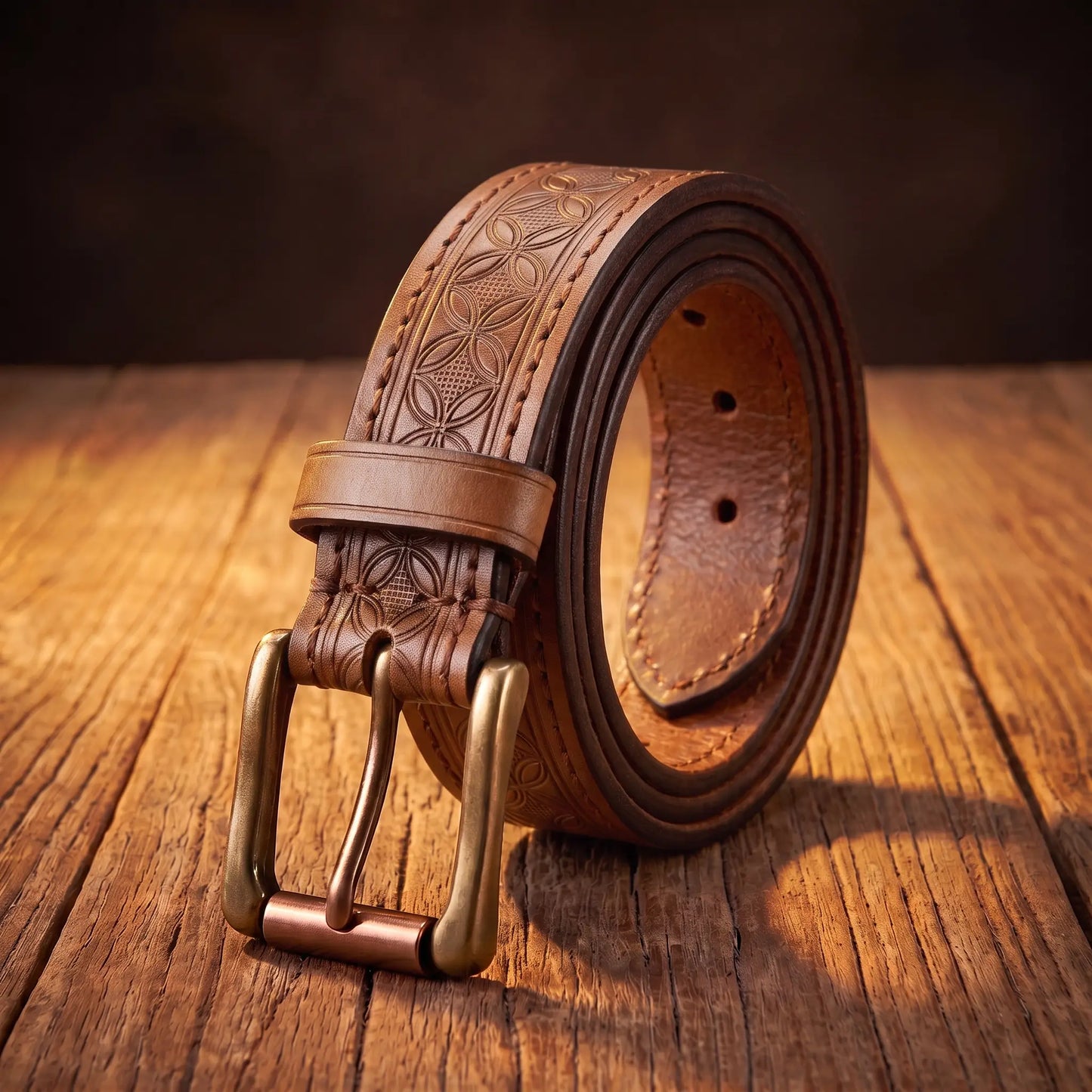 Pressed Pattern Belt in khaki tan cowhide with embossed diamond pattern and antique brass prong buckle