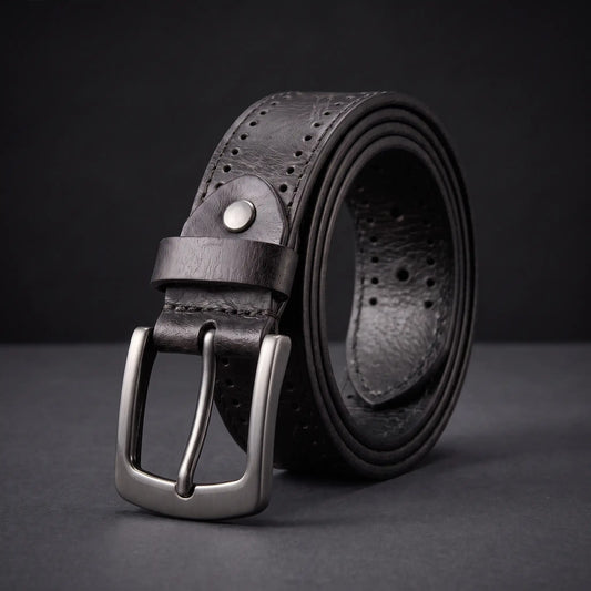 Punched Hole Belt in black with rows of punched holes, rivet stud and gunmetal buckle