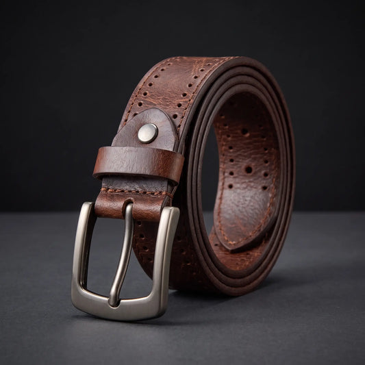 Punched Hole Belt in coffee brown with rows of punched holes, rivet stud and gunmetal buckle