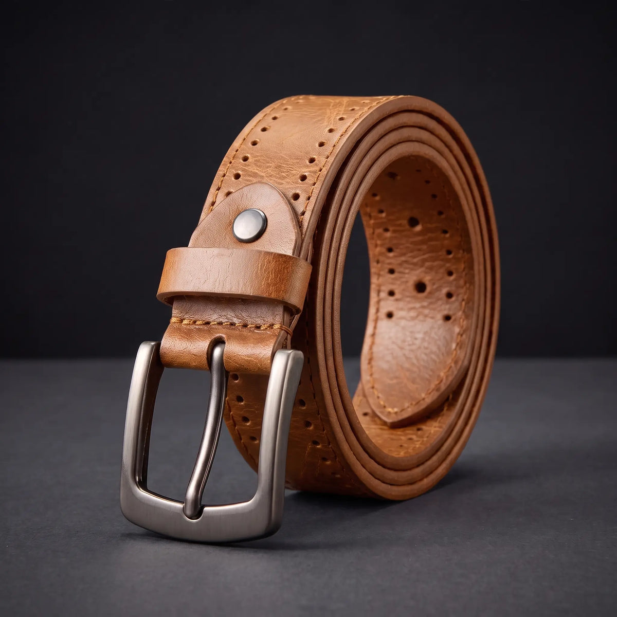 Punched Hole Belt in light tan with rows of punched holes, rivet stud and gunmetal buckle