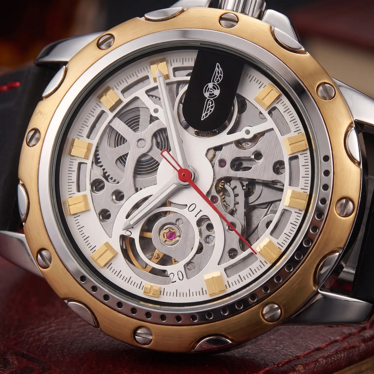 Close up of the open gear dial and balance wheel on the Race Day Watch