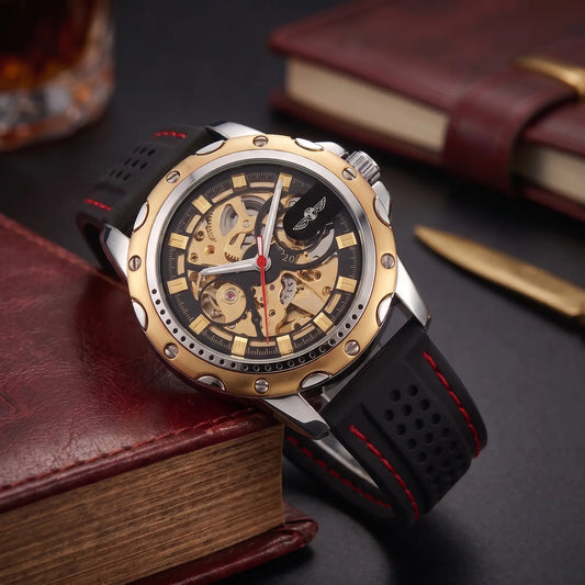 Race Day Watch in gold and black, a skeleton automatic men's watch with an open gear dial and a vented red stitched strap
