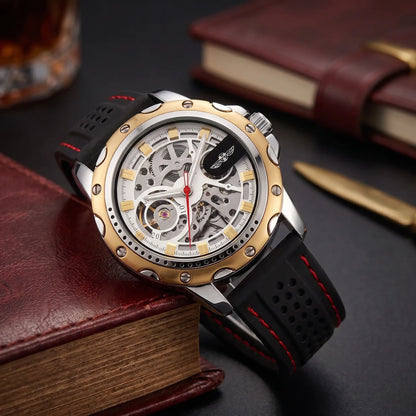 Race Day Watch in gold and silver, a skeleton automatic men's watch with an open gear dial and a vented red stitched strap