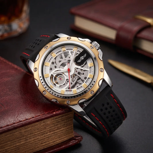 Race Day Watch in gold and silver, a skeleton automatic men's watch with an open gear dial and a vented red stitched strap