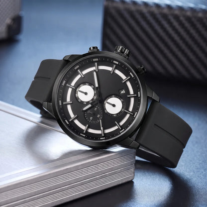 Raised Marker Watch in all black with black dial, white small dials and black rubber strap