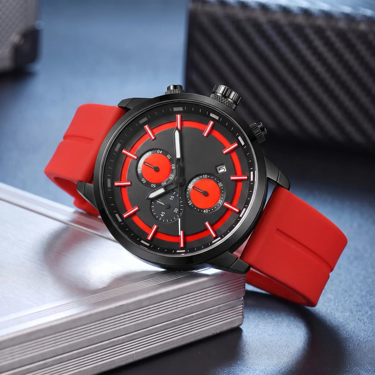 Raised Marker Watch with black case, black dial with red accents and red rubber strap