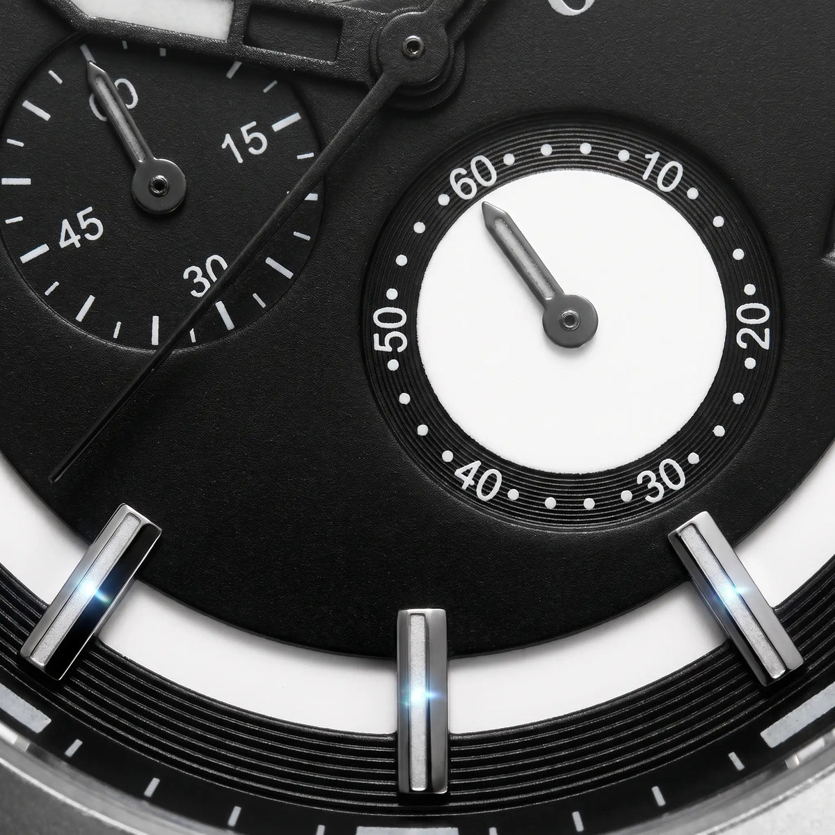 Close up of the small timing dials and raised polished markers on the Raised Marker Watch
