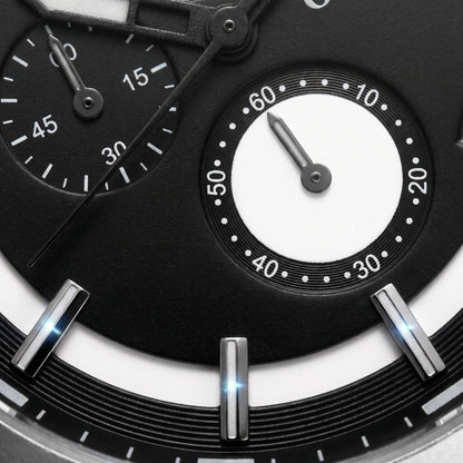 Close up of the small timing dials and raised polished markers on the Raised Marker Watch