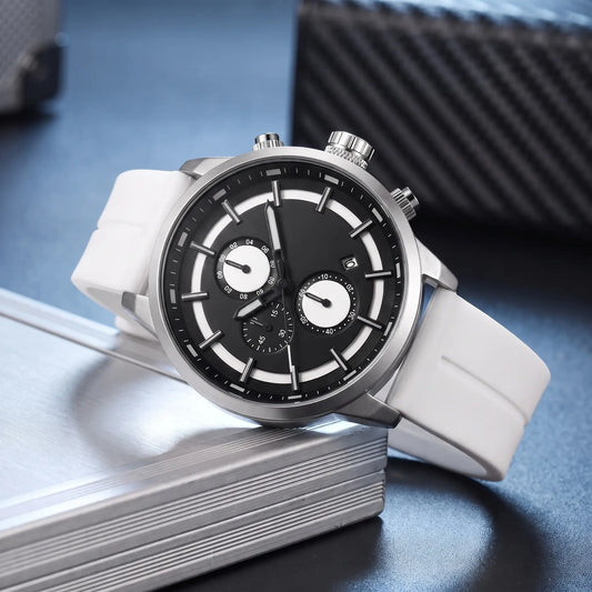 Raised Marker Watch with steel case, black dial and white rubber strap, three small dials and date window
