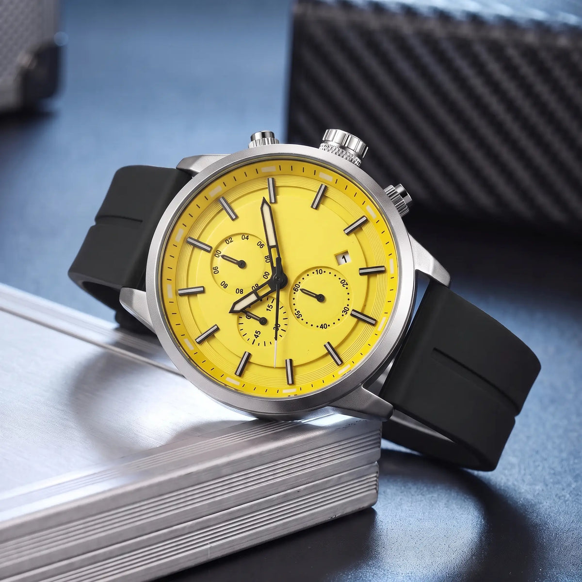 Raised Marker Watch with steel case, bright yellow dial and black rubber strap