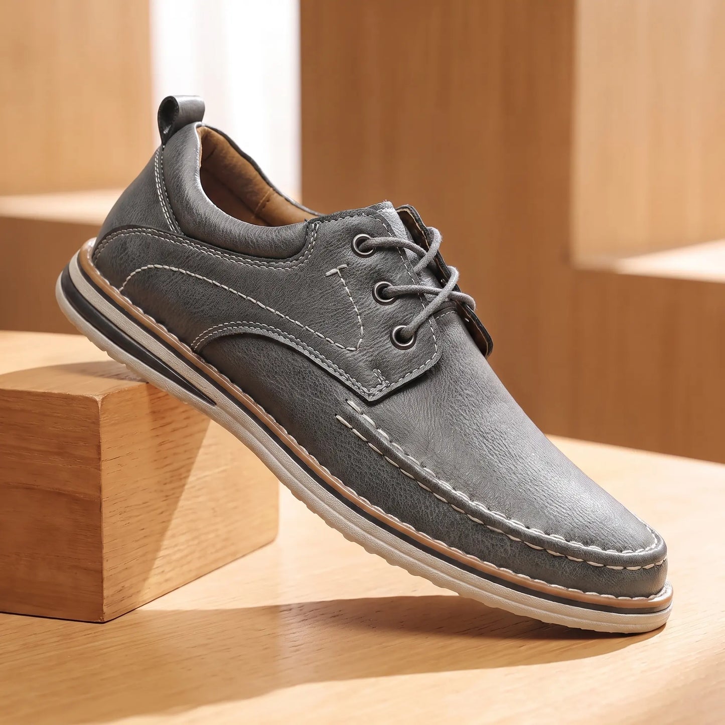 Gray genuine leather lace-up loafer