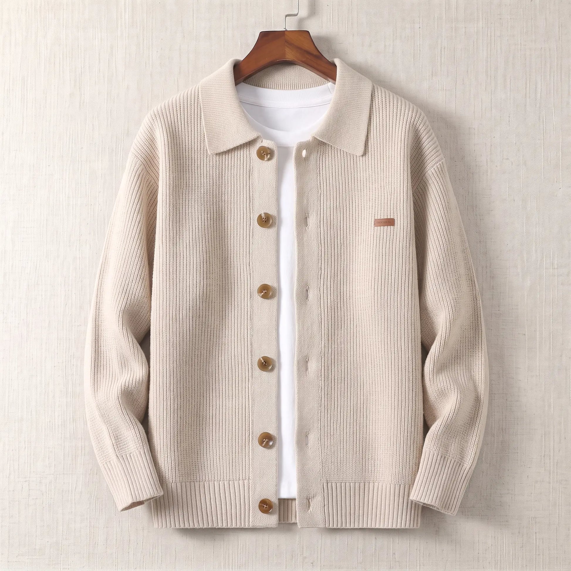 Rib Texture Jacket in beige, a ribbed knit button front cardigan jacket with a turn down collar on a wooden hanger