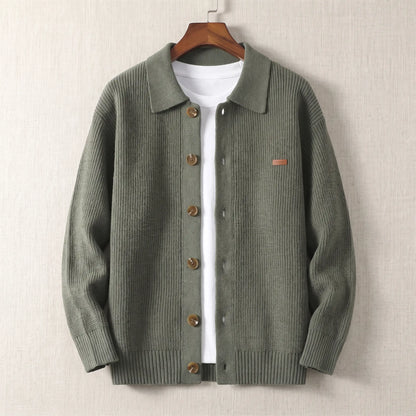 Rib Texture Jacket in green, a ribbed knit button front cardigan jacket with a turn down collar on a wooden hanger