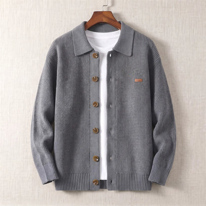 Rib Texture Jacket in grey, a ribbed knit button front cardigan jacket with a turn down collar on a wooden hanger