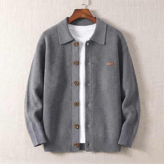 Rib Texture Jacket in grey, a ribbed knit button front cardigan jacket with a turn down collar on a wooden hanger