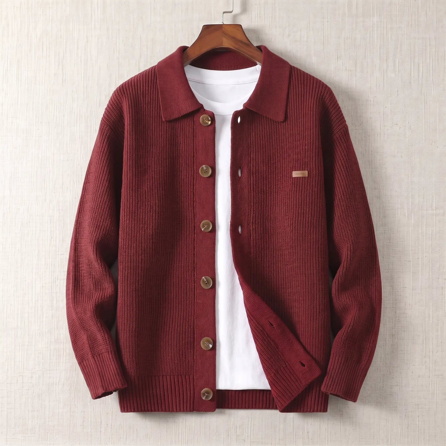 Rib Texture Jacket in red, a ribbed knit button front cardigan jacket with a turn down collar on a wooden hanger