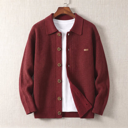 Rib Texture Jacket in red, a ribbed knit button front cardigan jacket with a turn down collar on a wooden hanger