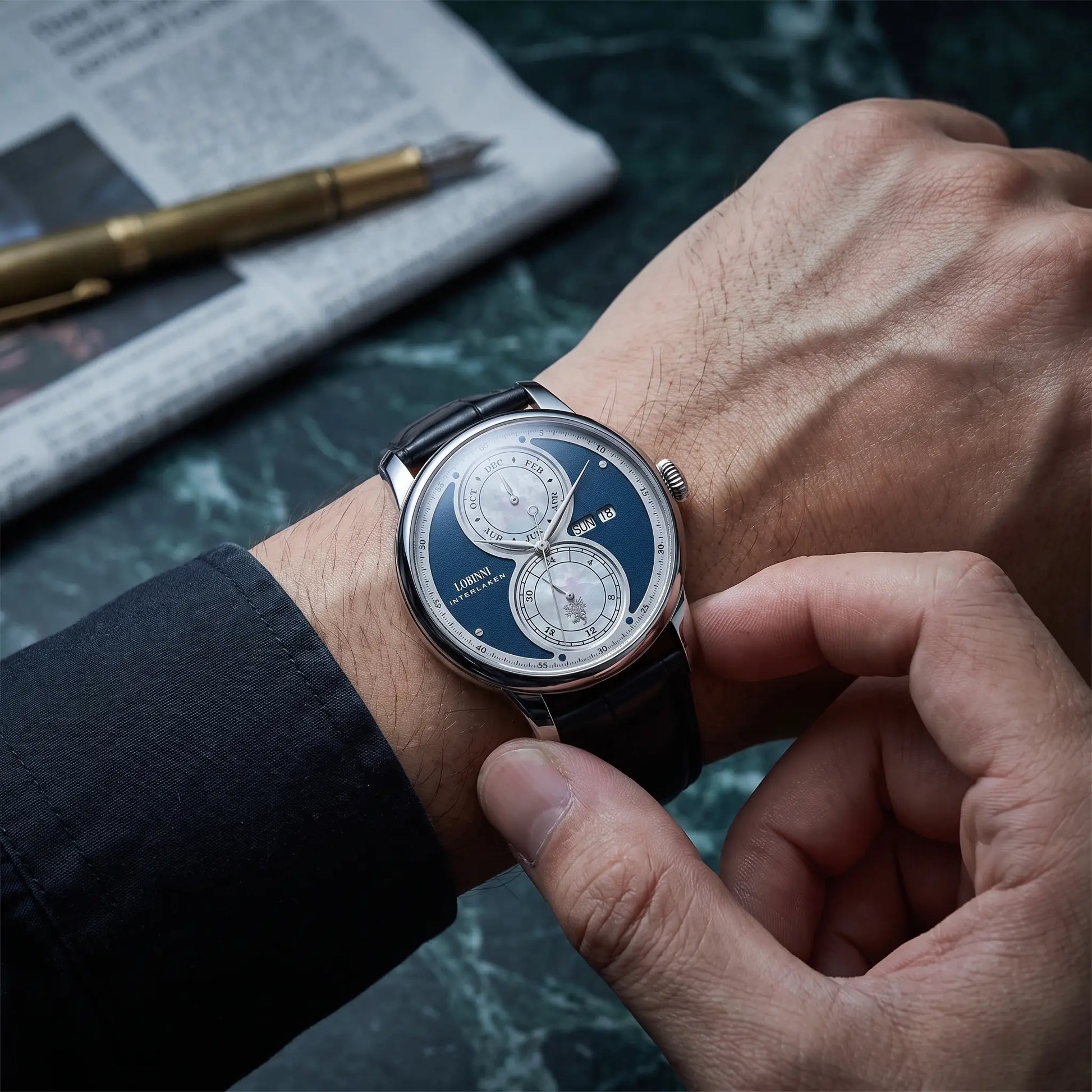 Fastening the leather strap of the watch on the wrist